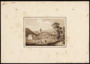 Ansicht von Tharandt, sepiagetönte Umrissradierung, um 1821 : Badehaus und Schlossruine in Tharand / [gefertigt von Adrian Zingg]. - Nicht ermittelbar , [ca. 1821]. - 1 Kunstblatt : sepiagetönte Umrißradierung ; 10 x 15 cm