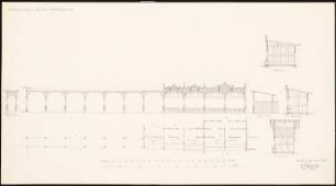 Wohnhaus Hildebrandt mit Gaststätte, Breslau: Gartenbauten (Veranden): Aufriss, Grundriss, Schnitte, Maßstabsleisten (Meter und Fuß)