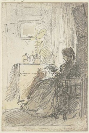 Frau mit einem Buch am Fenster sitzend