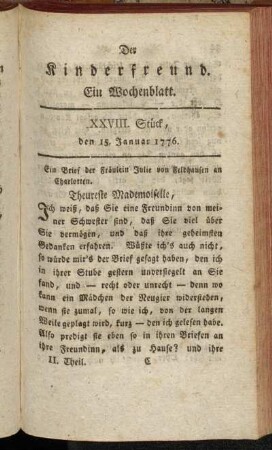 XXVIII. Stück, den 15. Januar 1776