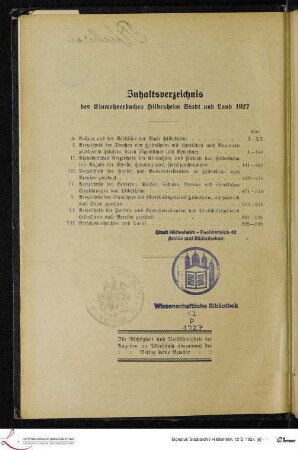 Inhaltsverzeichnis des Einwohnerbuches Hildesheim Stadt und Land 1927