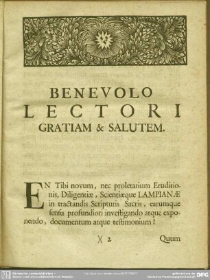 Benevolo Lectori Gratiam & Salutem