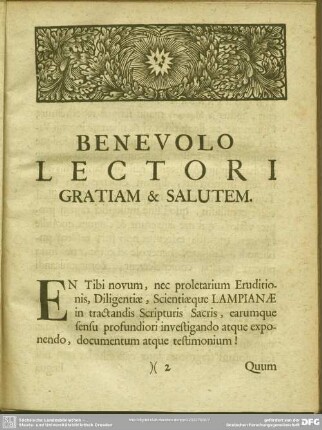 Benevolo Lectori Gratiam & Salutem