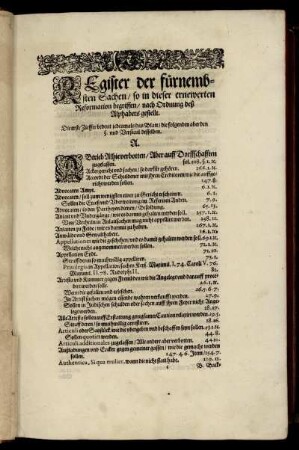 Register der fürnembsten Sachen/ so in dieser Ordnung deß Alphabets gestellt.