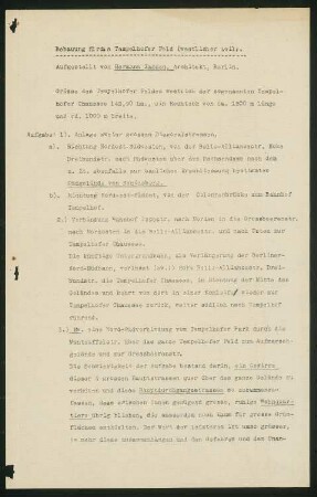 Wettbewerb Groß-Berlin 1910 Bebauungsplan für das Tempelhofer Feld: Bebauung für das Tempelhofer Feld (westlichen Teil), 7 S.