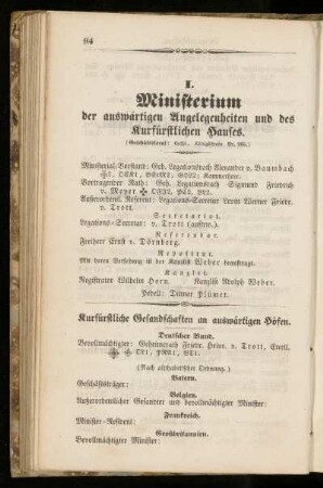I. Ministerium der auswärtigen Angelegenheiten und des kurfürstlichen Hauses.
