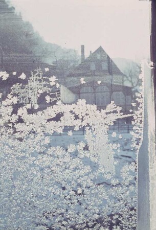 Sächsische Schweiz. Blick durch ein Fenster mit Eisblumen