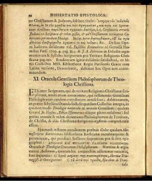 XI. Oracula Gentilium Philosophorum de Theologia Christiana.