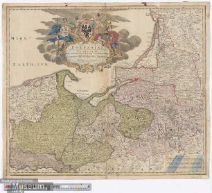 Regnum Borussiae Gloriosis auspicys Serenissimi es Potentissimi Princip: Friderici III. Primi Borussiae Regis March. Et Elect. Brandenburg.inauguratum die 18. Jan. A.1701. Geographice cum vicinis Regionibus adumbratum.
