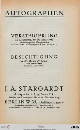 Autographen : Versteigerung 30. Januar 1936