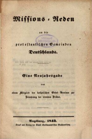 Missions-Reden an die protestantischen Gemeinden Deutschlands : eine Neujahrsgabe