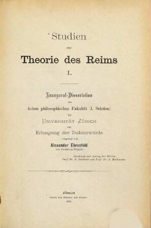 Studien zur Theorie des Reims ; 1 : Inaugural-Dissertation