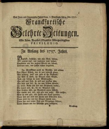 Num. I. Dienstags, den 4. Jan. 1757. - Num. X. Freytags, den 4. Febr. 1757.