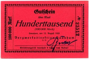 Geldschein / Notgeld, 100.000 Mark, 9.8.1923