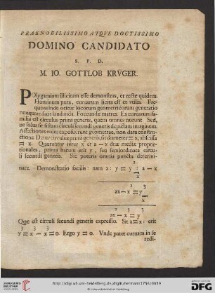 Praenobilissimo atque doctissimo Domino Candidato s.p. d. M. IO. Gottlob Krüger