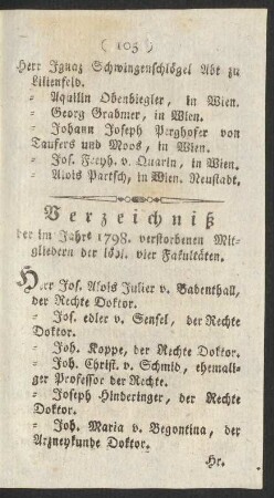 Verzeichniß der im Jahre 1798 verstorbenen Mitgliedern der löbl. vier Fakultäten