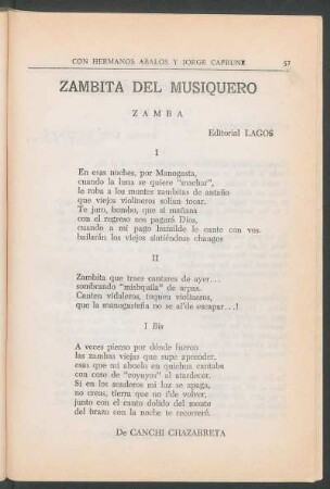 Zambita del musiquiero : Zamba. - Editorial Lagos