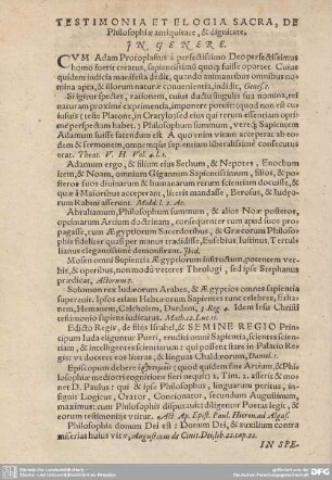 TESTIMONIA ET ELOGIA SACRA, DE Philosophiae antiquitate, & dignitate.