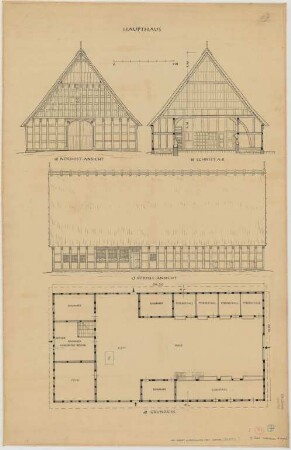 Hiddenhausen (Kreis Herford): Hof Dedert. Haupthaus (Grundriss, Nordostansicht, Südostansicht, Schnitte)