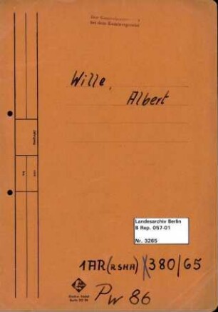 Personenheft Albert Wille (*01.03.1899), Kriminalsekretär