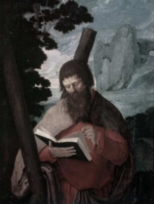 Der heilige Andreas in Halbfigur, vor Landschaft