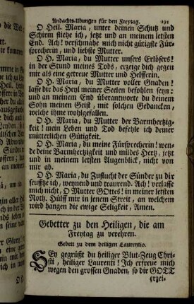 Gebetter zu den Heiligen, die am Freytag zu verehren.
