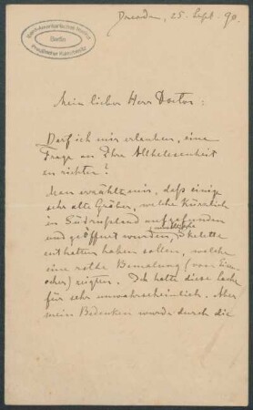 25. September 1890, Dresden [Brief von Alphons Stübel an Max Uhle]