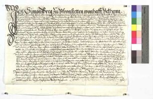 Bestandrevers Simon Bregs zu Pfronstetten gegen die Äbtissin Brigitta Breining und den Konvent des Klosters Söflingen um einen Hof zu Pfronstetten.