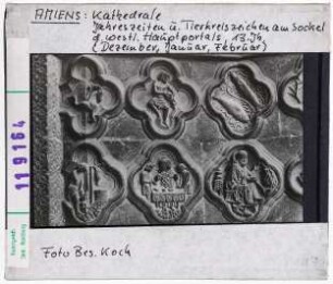 Amiens: Kathedrale, Westfassade, Hauptportal, Tierkreiszeichen und Jahreszeiten am Sockel