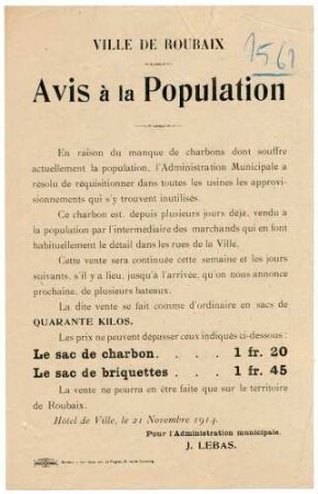 "Avis à la Population." Verkauf von Kohle