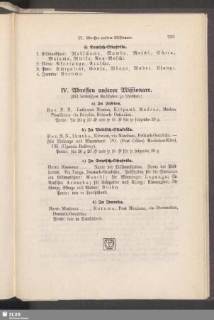 IV. Adressen unserer Missionare