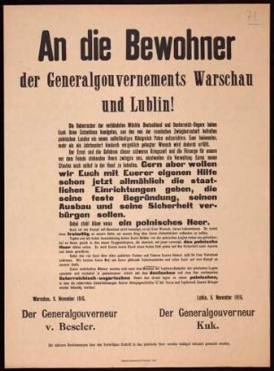 "An die Bewohner der Generalgouvernements Warschau und Lublin!" Aufforderung zur Aufstellung eines freiwilligen polnischen Heeres (6403)