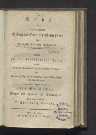 Mittwoch den 21. Oktob. ... im großen Hörsaal des Berlinisch-Kölnischen Gymnasiums ... D. Friedrich Gedike