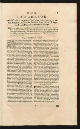 Praecursor Introductoriae in Algebram Speciosam Universalem, vel Artem Magnam Universalem sciendi & demonstrandi B. Raymundi Lulli Doctoris Illuminati & Martyris