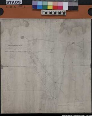 "Übersichts-Karte zum Projekte einer Straße von Fürstenau nach Voltlage." Straßendreieck im Raum Fürstenau-Schwagstorf-Voltlage. Beiderseits der Landstraße Fürstenau-Voltlage topographische Andeutungen. Ausf.-Art: Farbige Zeichnung Herst.: Format: 41 x 40 cm Maßstab: 1 : 21333