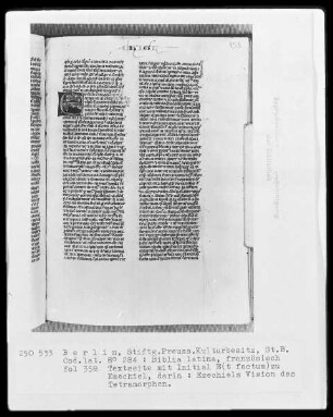 Biblia latina — Initiale E (t factum), darin Ezechiels Vision des Tetramorphen, Folio 358recto