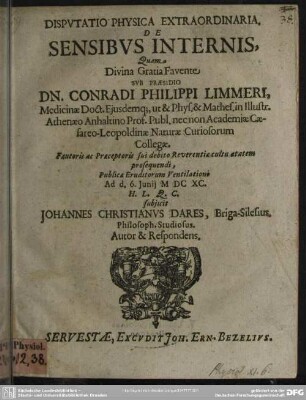 Disputatio physica extraordinaria de sensibus internis