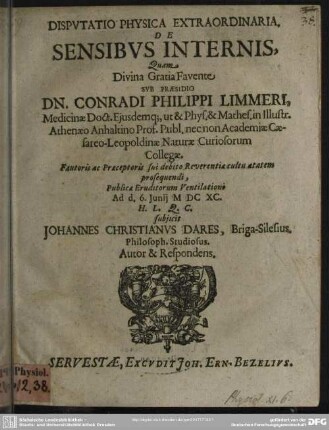 Disputatio physica extraordinaria de sensibus internis