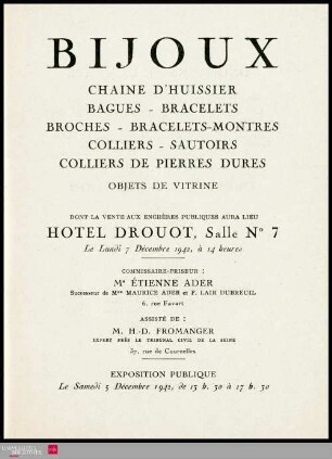 Bijoux : chaîne d'huissier, bagues, bracelets, broches, bracelets-montres, colliers, sautoirs, colliers de pierres dures, objets de vitrine : dont la vente aux enchères publiques aura lieu Hôtel Drouot, le lundi 7 décembre 1942, Salle No 7