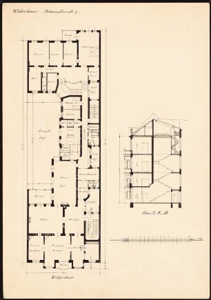 Wohnhaus, Berlin: Grundriss EG, Querschnitt, 1:100