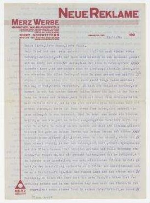 Brief von Helma Schwitters und Kurt Schwitters an Hannah Höch [und Til Brugman]. Hannover. Briefkopf: "NEUE REKLAME/MERZ WERBE [...]"