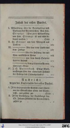 Nachricht wegen den Kupfertafeln des ersten Bandes.