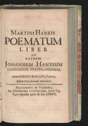 Poematum Liber Ad Patrem Johannem Hankium