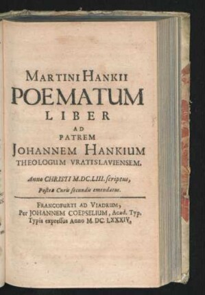 Poematum Liber Ad Patrem Johannem Hankium