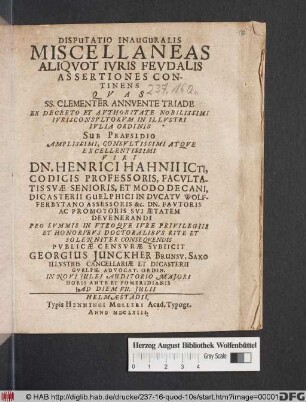 Disputatio Inauguralis Miscellaneas Aliquot Iuris Feudalis Assertiones Continens