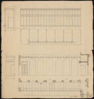 Russische Botschaft, Berlin: [o.] Aufriss und Querschnitt Festsaals mit der Außengalerie von der Hofseite, [m.] Aufriss und Querschnitt des Festsaals von Innen in Richtung Hof, [u.] Konstruktionszeichnung der Festsaalsdecke und Maßstabsleiste
