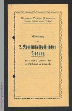 Einladung zur 2. Kommunalpolitischen Tagung des ADF am 1. und 2. Oktober 1927 in Eisenach