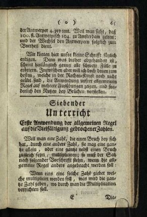 Siebender Unterricht: Erste Anwendung der allgemeinen Regel auf die Vielfaeltigung gebrochener Zahlen