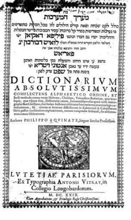 Dictionarium absolutissimum : complectens alphabetico ordine ... voces Hebraeas, Chaldaeas, Talmudico-rabinicas ... / Authore Philippo Aquinate