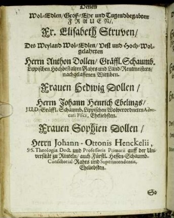 Denen Wol-Edlen/ Groß-Ehr und Tugendbegabten Frauen/ [...] Fr. Elisabeth Struven/ [...] Herrn Anthon Dollen/ [...] Frauen Hedwig Dollen/ [...]